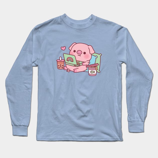 Cute Pig Chilling With Laptop Boba Tea And Instant Noodles Long Sleeve T-Shirt by rustydoodle